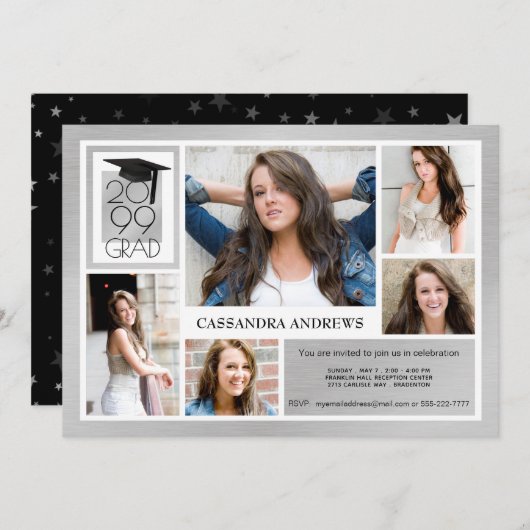 シックGRADキャップ&年 |つや消しシルバー | 5 – 写真 招待状 (正面/裏面)