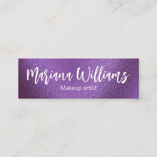 シックqrコードメイクアップアーティスト紫色のメタリックフォイル スキニー名刺 (正面)