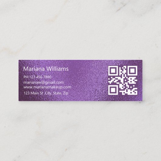 シックqrコードメイクアップアーティスト紫色のメタリックフォイル スキニー名刺 (裏面)