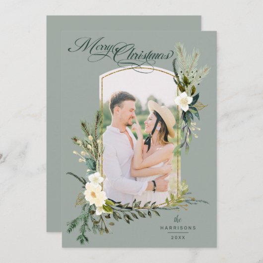 シックSageクリスマスボタニカルw/金ゴールドアーチ写真 シーズンカード (正面/裏面)