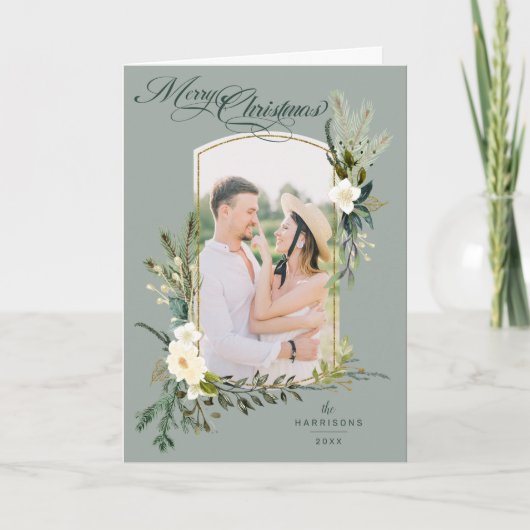 シックSageクリスマスボタニカルw/金ゴールドアーチ写真 シーズンカード (正面)