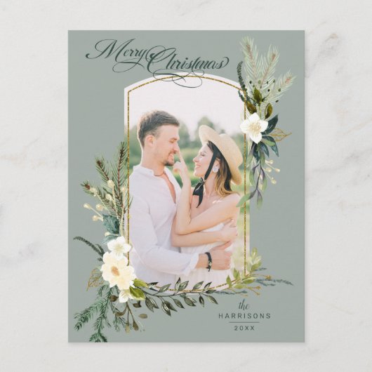 シックSageクリスマスボタニカルw/金ゴールドアーチ写真 ポストカード (正面)