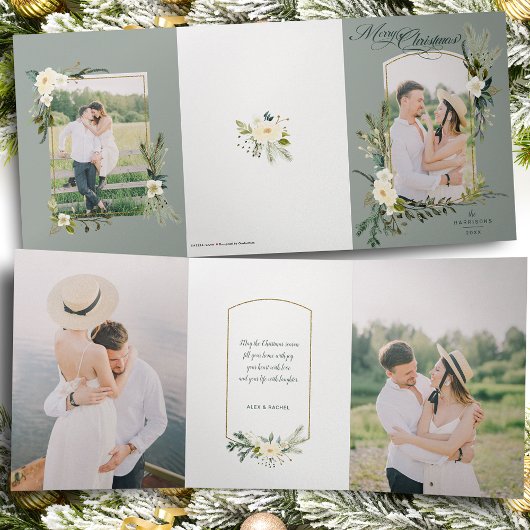 シックSageクリスマスボタニカルw/金ゴールドアーチ写真 三つ折りカード