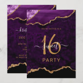シックSweet sixteenパープル金ゴールドアガテパーティー 招待状 (正面/裏面)