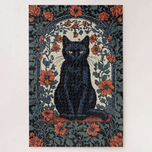 シッティングブラックキャットヴィンテージフローラ ジグソーパズル (縦)