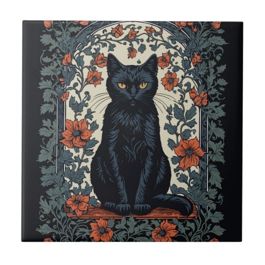 シッティングブラックキャットヴィンテージフローラ タイル (正面)