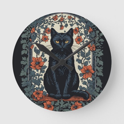 シッティングブラックキャットヴィンテージフローラ ラウンド壁時計 (正面)