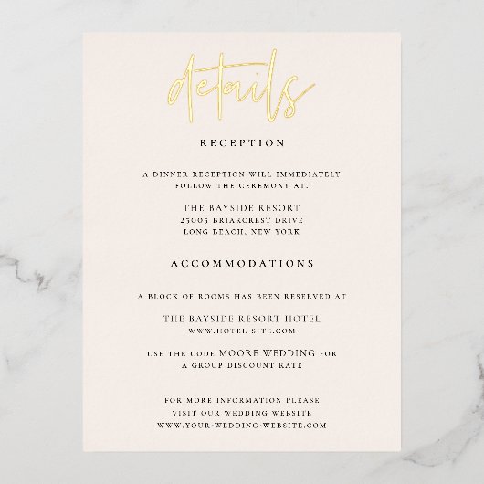 シッモダンクの結婚詳細フォイルエンクロージャカード 箔招待状ポストカード (正面)