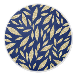 シッモダンクネービーブルー金ゴールドグリッター葉の水彩 セラミックノブ