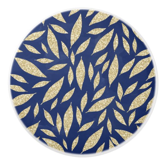 シッモダンクネービーブルー金ゴールドグリッター葉の水彩 セラミックノブ (正面)