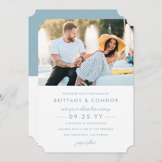 シッモダンクパウダーブルーアンドホワイト結婚フォトズ 招待状 (正面/裏面)