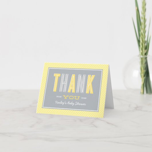 シッモダンク型黄と灰色のベビーシャワー サンキューカード (正面)
