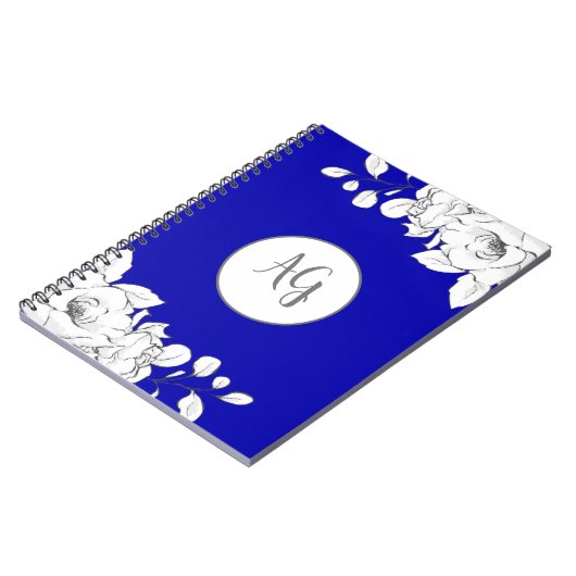 シッモノグラムのクモダン王室のブルー白フローラ ノートブック (左側)