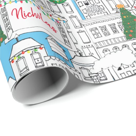 シティクリスマスハンドドローパーソナライズされたド街並み ラッピングペーパー (ロールコーナー)