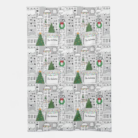 シティクリスマスハンドパーソナライズされたドローお洒落ド キッチンタオル (縦)