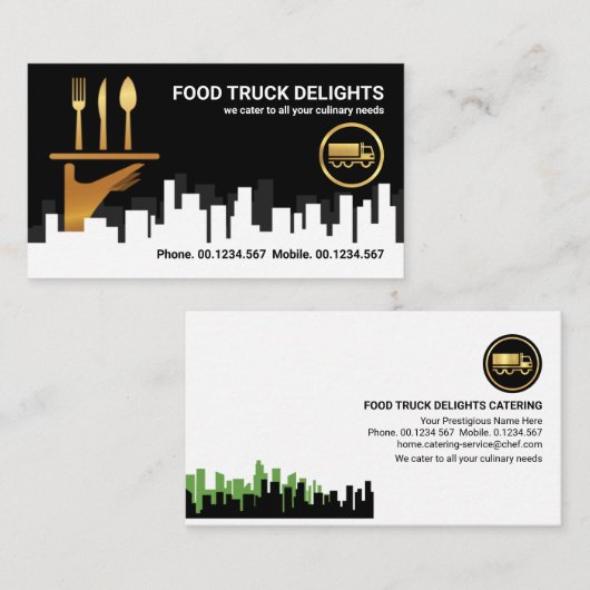 シティスカイラインシルエット金ゴールドウェイターハンドケータリング 名刺 (正面/裏面)