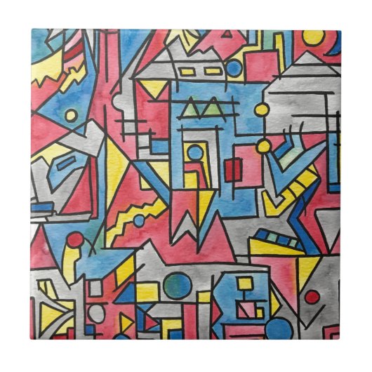 シティスケープモダンバウハウスジオメトリックウォーターカラーアート タイル (正面)