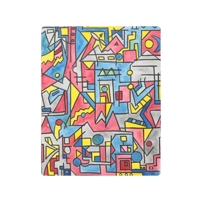 シティスケープモダンバウハウスジオメトリックウォーターカラーアート メタルプリント (正面)