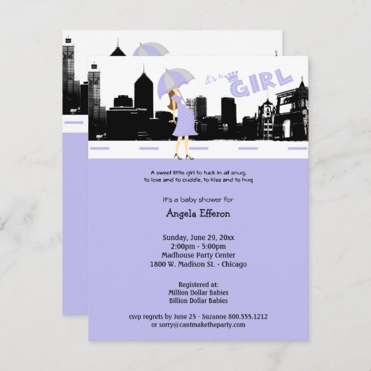 シティスケープラベンダー&グレーベビーシャワー招待状 招待状 (正面/裏面)