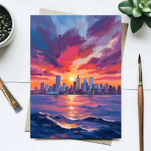 シティスケープ 日没   都市スカイライン 水彩画 ポストカード