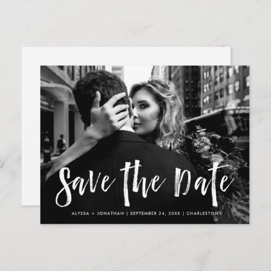 シティスタイル | 白いスクリプトと写真の日付の保存 インビテーションポストカード (正面/裏面)