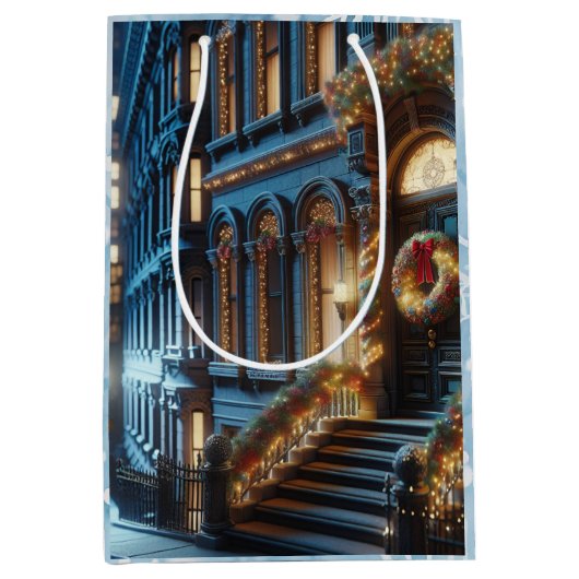 シティダウンタウンブラウンストーン建物クリスマス ミディアムペーパーバッグ (正面)