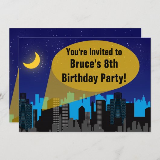 シティナイトスカイラインスーパーヒーローボーイズ誕生日パーティー 招待状 (正面/裏面)