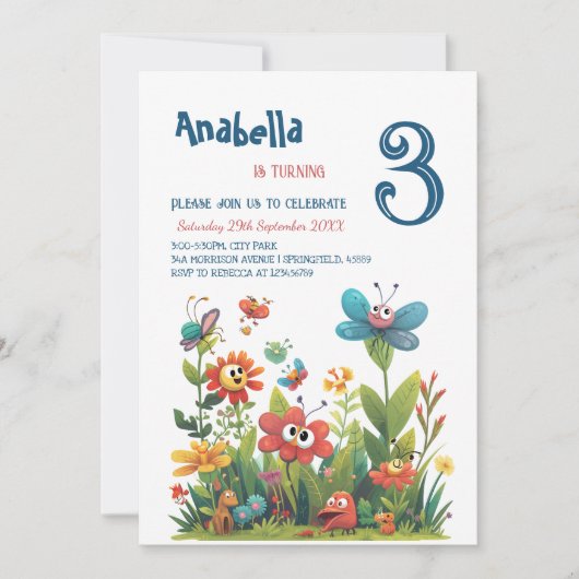シティパークかわいい草の生き物の誕生日パーティー 招待状 (正面)