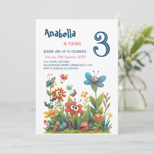 シティパークかわいい草の生き物の誕生日パーティー 招待状 (スタンド正面)