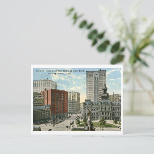 シティホールスクエアデトロイトMI 1915ヴィンテージ ポストカード (スタンド正面)
