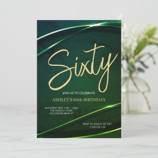 シティーエメラルドグリーン金ゴールド60誕生日 招待状 (スタンド正面)