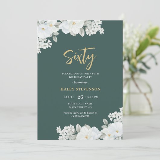 シティーエメラルドグリーン&金ゴールドホワイトフローラ誕生日 招待状 (スタンド正面)