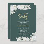 シティーエメラルドグリーン&金ゴールドホワイトフローラ誕生日 招待状 (正面/裏面)