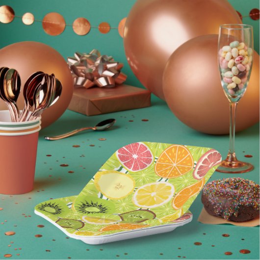 シトラスかわいらしパターンオレンジ色イエローグリーンカラフル ペーパープレート (複数)