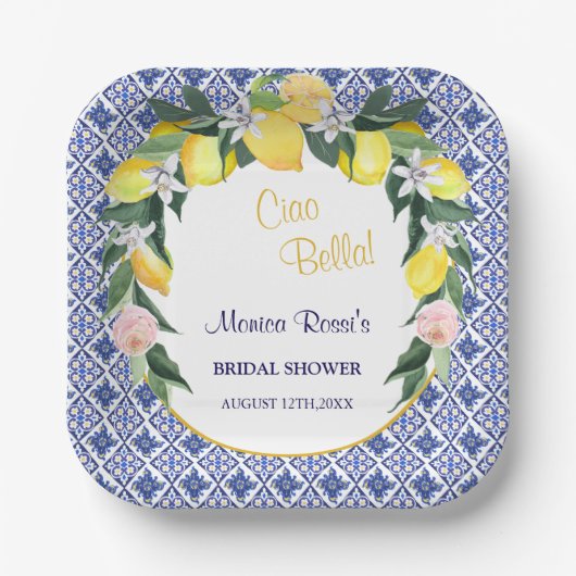 シトラスイタリアンレモンブルータイルブライダルシャワー ペーパープレート (正面)