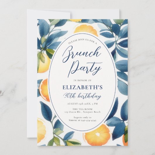 シトラスウォーターカラーモダンブルーオレンジ誕生日 招待状 (正面)