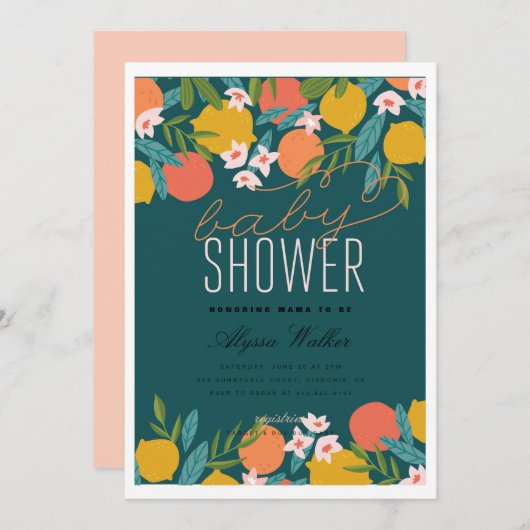シトラスオレンジかわいこちゃんレモンベイビーシャワー 招待状 (正面/裏面)