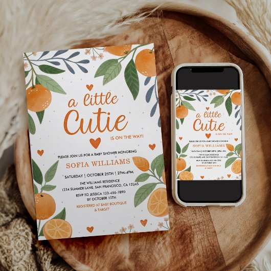 シトラスオレンジをテーマにした小さなかわいこちゃんベビーシャワー 招待状