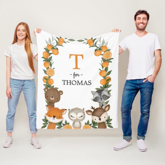 シトラスオレンジウッドランド緑の動物モノグラム フリースブランケット (インサイチュ)