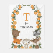 シトラスオレンジウッドランド緑の動物モノグラム フリースブランケット (正面)