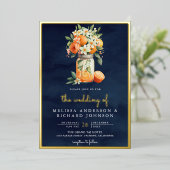 シトラスオレンジネイビーブルーメイソンジャー結婚ズ金ゴールド 箔招待状 (立ち正面)