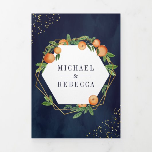 シトラスオレンジ金ゴールドネイビーブルーフォトコラージュ結婚ズ 三つ折り招待状 (カバー)