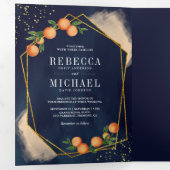 シトラスオレンジ金ゴールドネイビーブルーフォトコラージュ結婚ズ 三つ折り招待状 (内部最初)