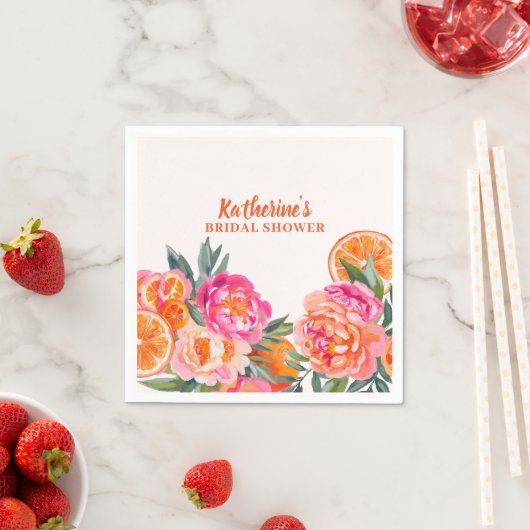 シトラスオレンジ&ピンクフローラはっきりしたブライダルシャワー スタンダードカクテルナプキン (インサイチュ)