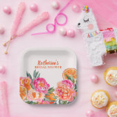 シトラスオレンジ&ピンクフローラはっきりしたブライダルシャワー ペーパープレート (パーティー)