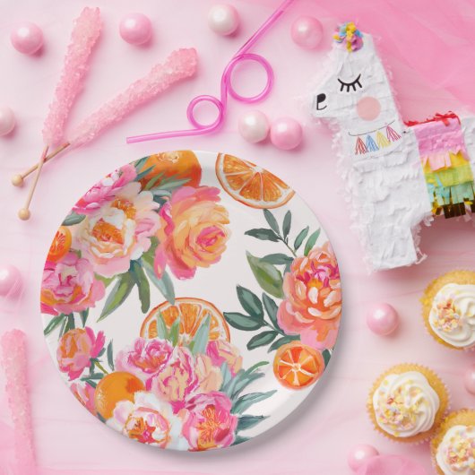シトラスオレンジ&ピンクフローラはっきりしたブライダルシャワー ペーパープレート (パーティー)