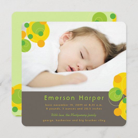 シトラスグリーンバブリーレトロサークル男の赤ちゃん写真 シーズンカード (正面/裏面)