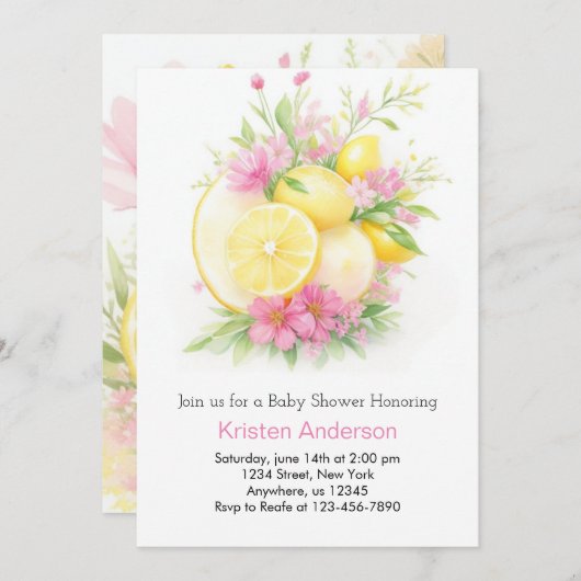 シトラスドリーミーお洒落レモンガールベビーシャワー 招待状 (正面/裏面)