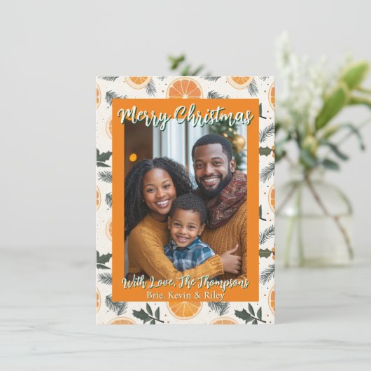 シトラスパーソナライズされたをテーマにしたファミリーフォトクリスマス カード (スタンド正面)