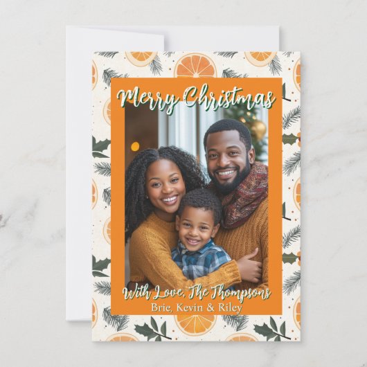 シトラスパーソナライズされたをテーマにしたファミリーフォトクリスマス カード (正面)